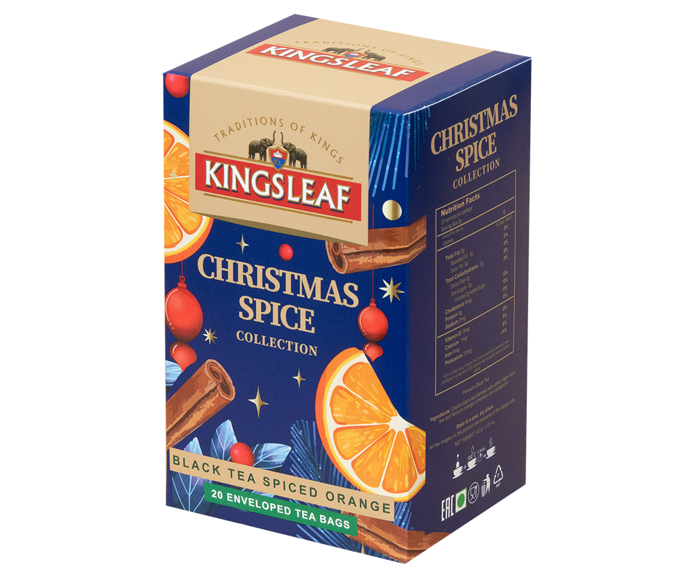 Herbata świąteczna Kingsleaf Christmas Spice w granatowym pudełku.