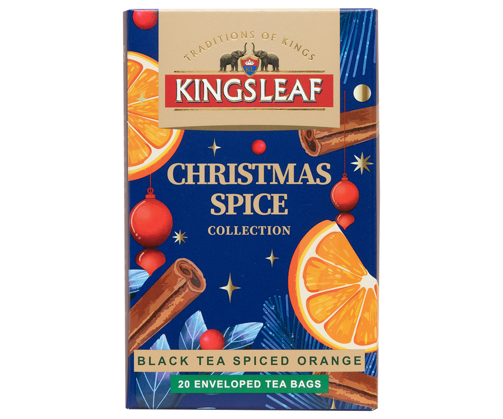 Herbata świąteczna Kingsleaf Christmas Spice w granatowym pudełku.