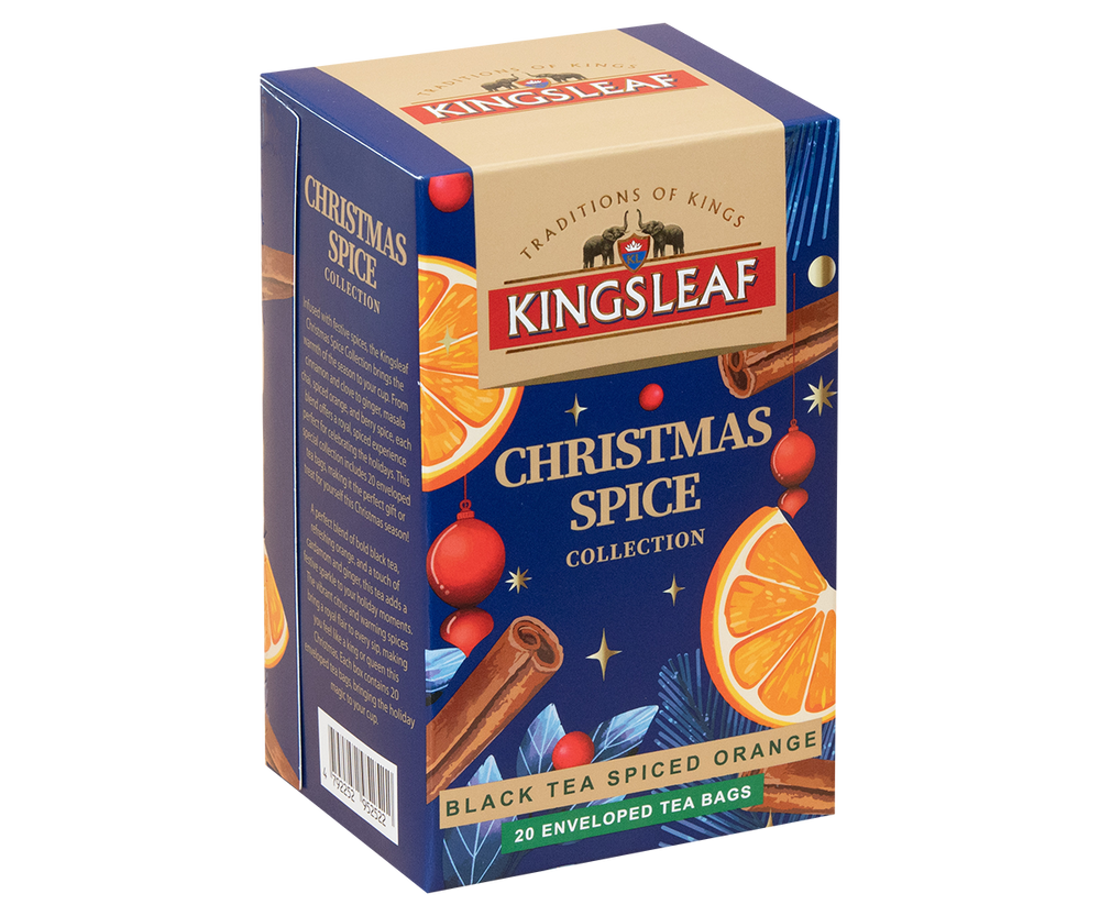 Herbata świąteczna Kingsleaf Christmas Spice w granatowym pudełku.