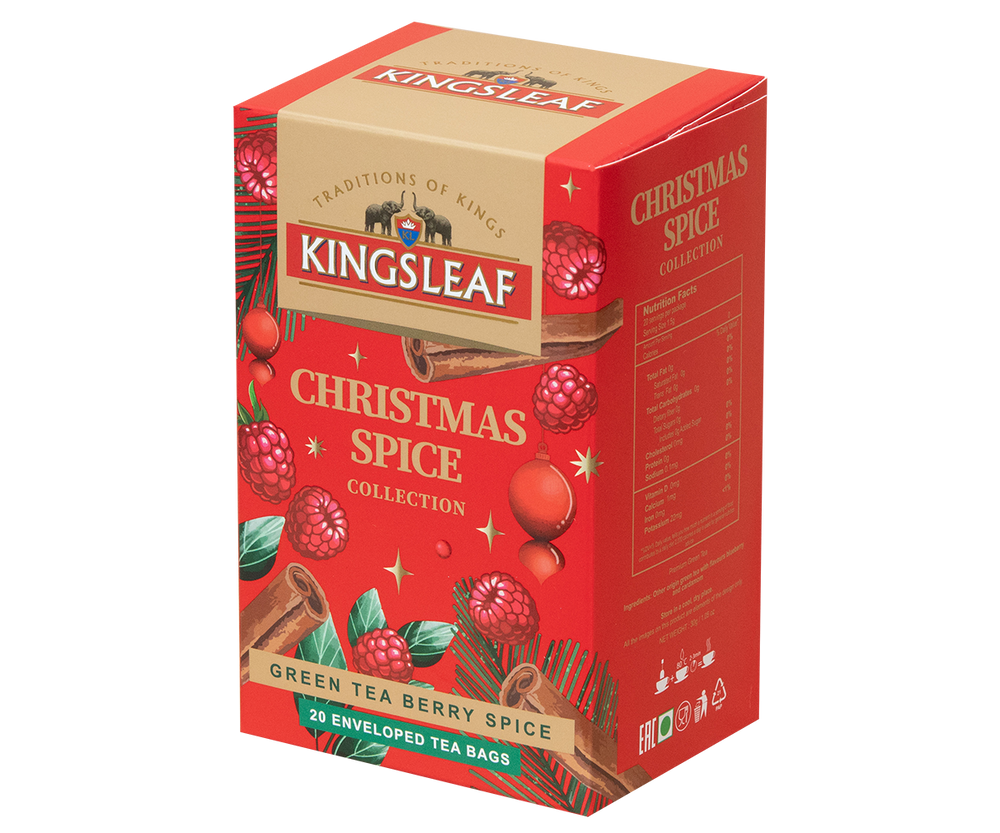 Zielona świąteczna herbata Kingsleaf Christmas Spice w czerwonym pudełku.