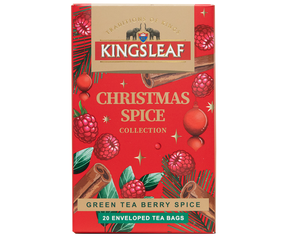 Zielona świąteczna herbata Kingsleaf Christmas Spice w czerwonym pudełku.
