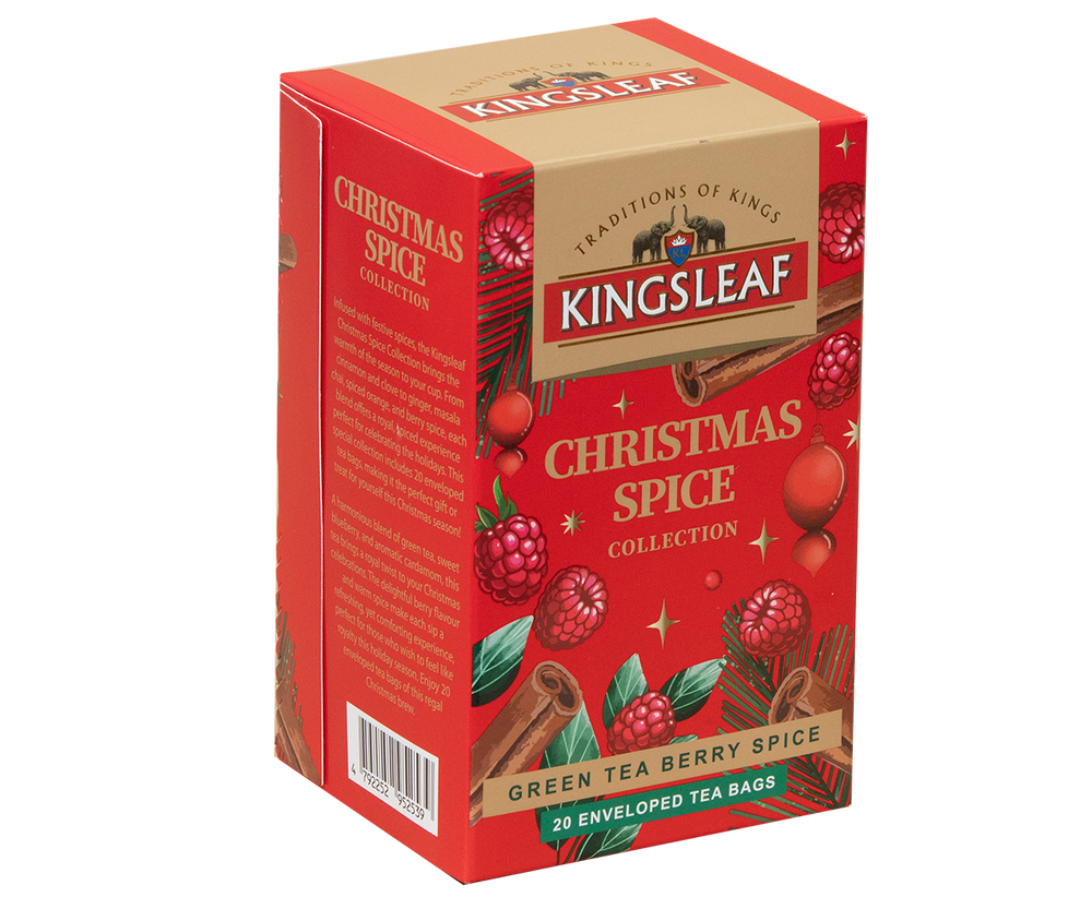 Zielona świąteczna herbata Kingsleaf Christmas Spice w czerwonym pudełku.