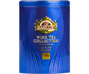 Basilur Alpine Blanc - czarna herbata cejlońska z dodatkiem rodzynek, gravioli oraz aromatu białego wina.. Ozdobne opakowanie w formie metalowej puszki w kolorze niebieskim.