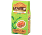 Basilur Apple & Cinnamon - zielona, liściasta herbata cejlońska z dodatkiem ananasa, cynamonu oraz naturalnego aromatu jabłka i cynamonu. Ozdobne, zielone pudełko z logo Basilur.