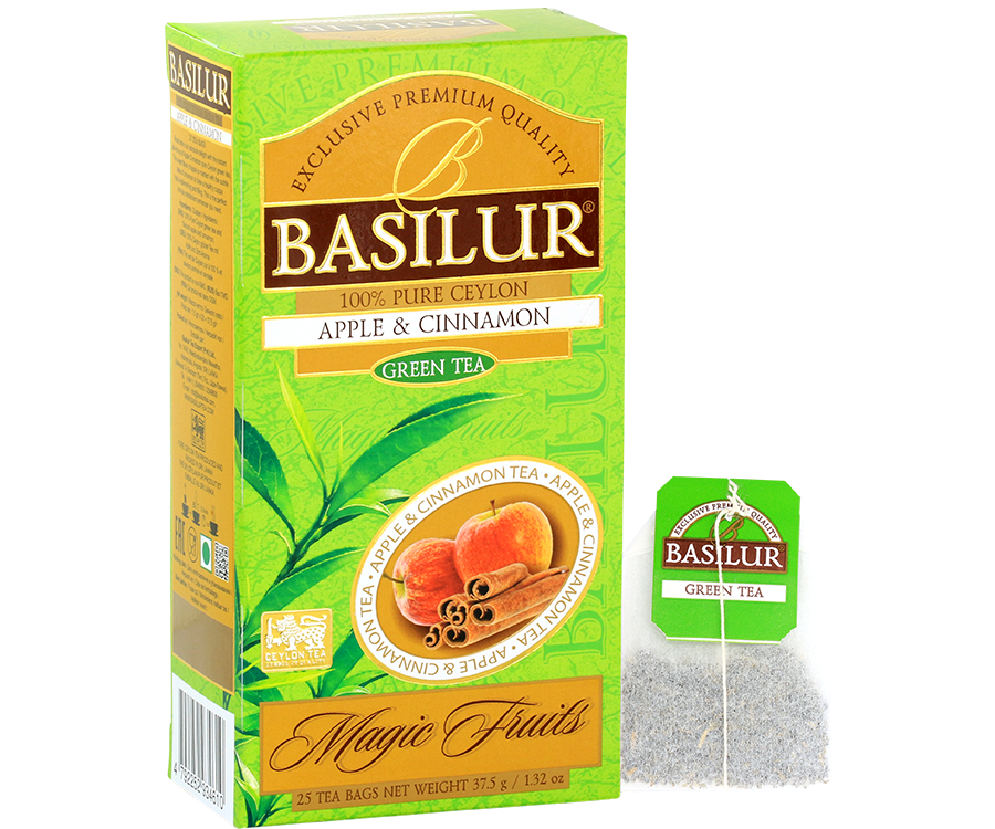 Basilur Apple Cinnamon - zielona herbata cejlońska z dodatkiem aromatu jabłka i cynamonu. 25 biodegradowalnych torebek w ozdobnym, zielonym pudełku z logo Basilur.