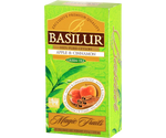 Basilur Apple Cinnamon - zielona herbata cejlońska z dodatkiem aromatu jabłka i cynamonu.  25 biodegradowalnych torebek w ozdobnym, zielonym pudełku z logo Basilur.