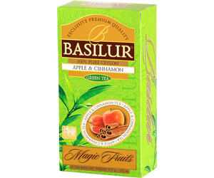 Basilur Apple Cinnamon - zielona herbata cejlońska z dodatkiem aromatu jabłka i cynamonu.  25 biodegradowalnych torebek w ozdobnym, zielonym pudełku z logo Basilur.