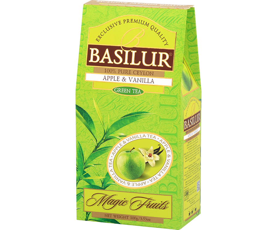 Basilur Apple Vanilla - zielona herbata cejlońska z dodatkiem ananasa, szarłatu oraz aromatu wanilii i jabłka. 100 gramów liści w ozdobnym, zielonym pudełku z logo Basilur.