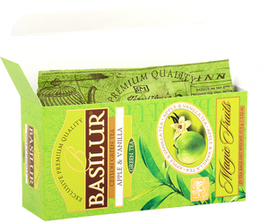 Basilur Apple Vanilla - zielona herbata cejlońska z dodatkiem aromatu jabłka i wanilii. 25 biodegradowalnych torebek w ozdobnym zielonym pudełku z logo Basilur.