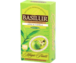 Basilur Apple Vanilla - zielona herbata cejlońska z dodatkiem aromatu jabłka i wanilii. 25 biodegradowalnych torebek w ozdobnym zielonym pudełku z logo Basilur.