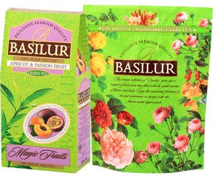 Basilur Apricot & Passion Fruit - zielona herbata cejlońska z dodatkiem moreli, mango oraz aromatu moreli, mango i marakui. 100 gramów liści w ozdobnym, zielonym pudełku z logo Basilur.