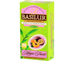 Basilur Apricot & Passion Fruit - zielona herbata cejlońska z dodatkiem naturalnego aromatu moreli i marakui. 25 biodegradowalnych torebek w ozdobnym, zielonym pudełku z logo Basilur.