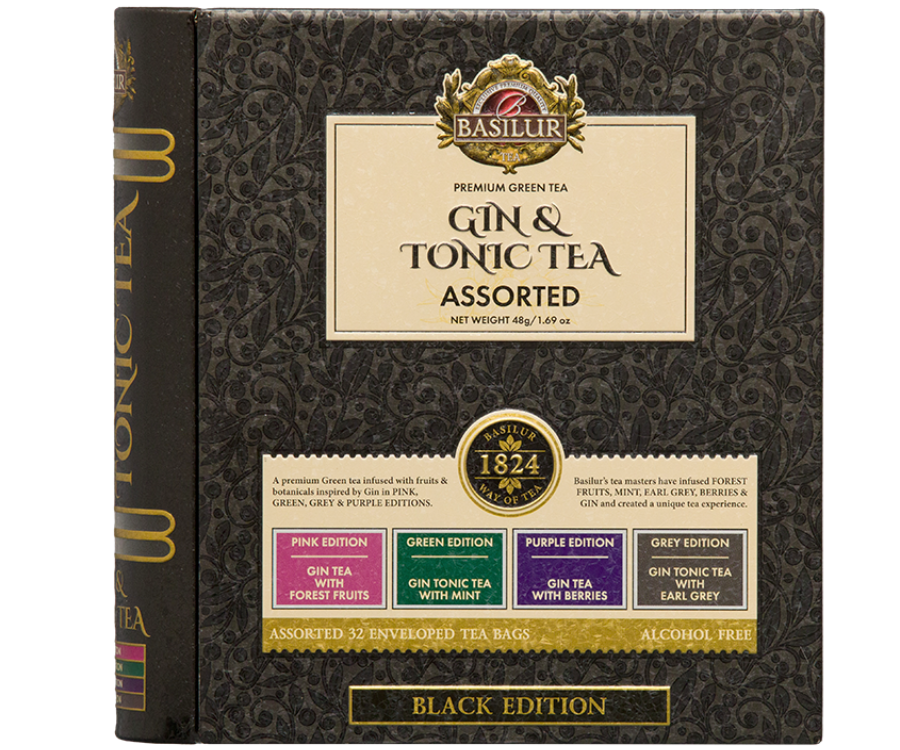 Basilur Gin & Tonic Tea Black Edition – zestaw 4 zielonych herbat cejlońskich, które wzbogacono o aromaty ginu i toniku. Kopertowane saszetki zostały umieszczone w elegancko zdobionej, metalowej książce.