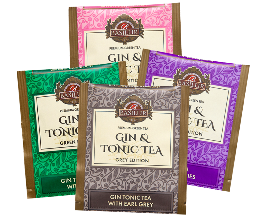 Basilur Gin & Tonic Tea Black Edition – zestaw 4 zielonych herbat cejlońskich, które wzbogacono o aromaty ginu i toniku. Kopertowane saszetki zostały umieszczone w elegancko zdobionej, metalowej książce.