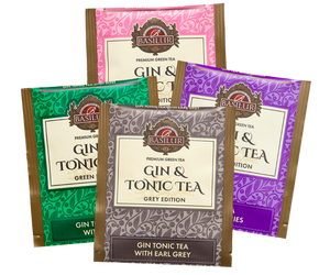 Basilur Gin & Tonic Tea Black Edition – zestaw 4 zielonych herbat cejlońskich, które wzbogacono o aromaty ginu i toniku. Kopertowane saszetki zostały umieszczone w elegancko zdobionej, metalowej książce.