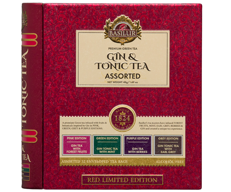 Basilur Gin & Tonic Tea Red Limited Edition – zestaw 4 zielonych herbat cejlońskich, które wzbogacono o aromaty ginu i toniku. Kopertowane saszetki zostały umieszczone w elegancko zdobionej, metalowej książce.