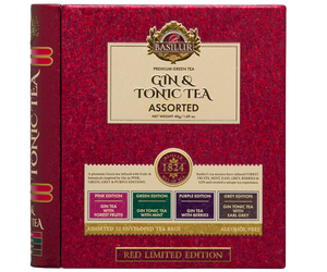 Basilur Gin & Tonic Tea Red Limited Edition – zestaw 4 zielonych herbat cejlońskich, które wzbogacono o aromaty ginu i toniku. Kopertowane saszetki zostały umieszczone w elegancko zdobionej, metalowej książce.