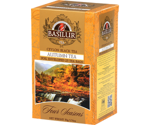 Basilur Autumn Tea - herbata czarna ekspresowa z dodatkiem aromatu syropu klonowego. Pomarańczowe, ozdobne pudełko z jesiennym motywem.