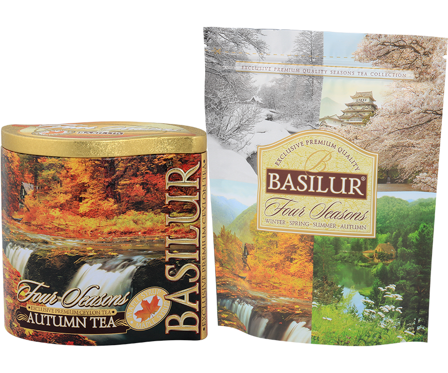 Basilur Autumn Tea - czarna herbata cejlońska z dodatkiem krokosza barwierskiego oraz aromatu syropu klonowego w puszce.