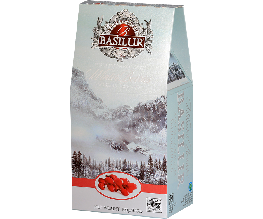 Basilur Barberries - czarna liściasta herbata cejlońska z dodatkiem owoców berberysu, chabru oraz aromatem berberysu. Ozdobne pudełko z zimowym motywem.