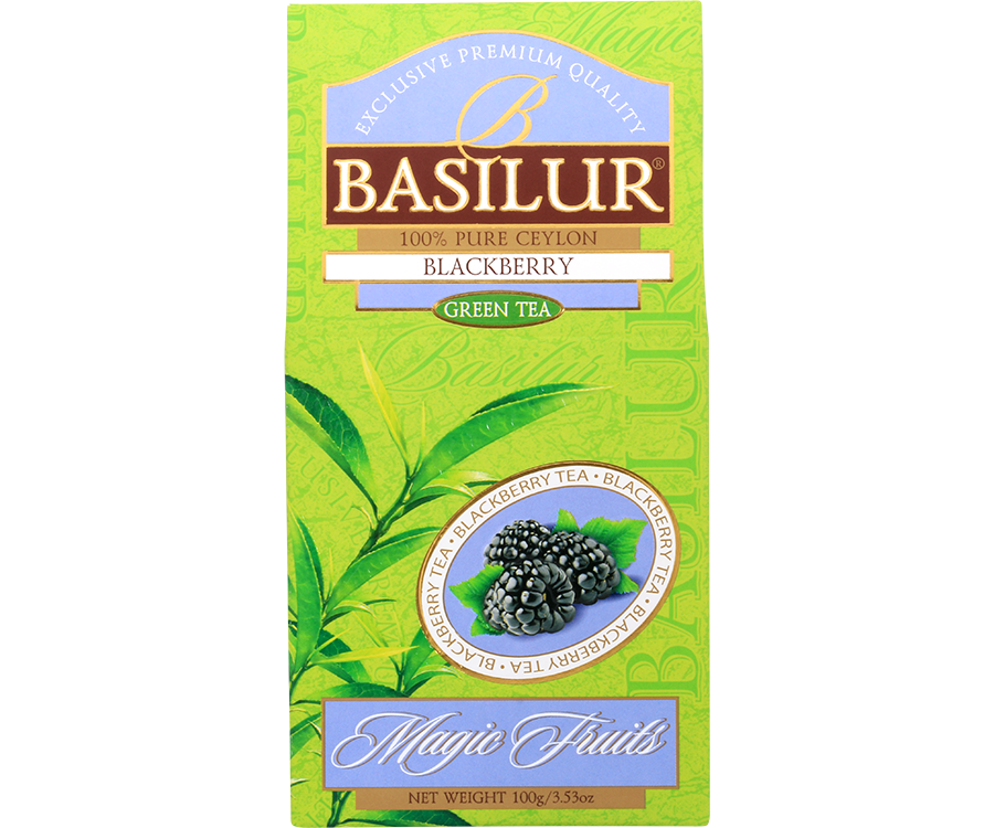 Basilur Blackberry - liście zielonej herbaty cejlońskiej Young Hyson z berberysem, dziką różą i aromatem jeżyn.