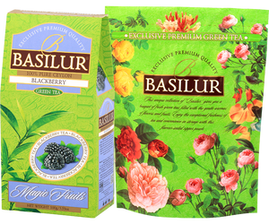 Basilur Blackberry - liściasta zielona herbata cejlońska z berberysem, dziką różą i aromatem jeżyn. 100 gramów liści herbaty w ozdobnym, zielonym pudełku z logo Basilur.