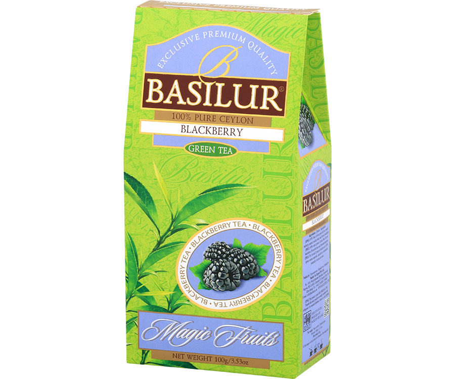 Basilur Blackberry - liściasta zielona herbata cejlońska z berberysem, dziką różą i aromatem jeżyn. 100 gramów liści herbaty w ozdobnym, zielonym pudełku z logo Basilur.