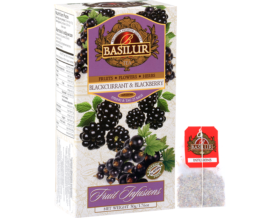 Basilur Blackcurrant&Blackberry - owocowa herbata bezkofeinowa z dodatkiem hibiskusa, liści stewii, jabłka, skórki pomarańczy oraz aromatu czarnej porzeczki, jeżyny i cytryny. Ozdobne opakowanie z owocowym motywem.