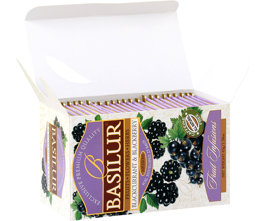 Basilur Blackcurrant&Blackberry - owocowa herbata bezkofeinowa z dodatkiem hibiskusa, jabłka, jeżyn, skórki pomarańczy oraz aromatu truskawki, jeżyny i czarnej porzeczki. Ozdobne opakowanie z owocowym motywem.