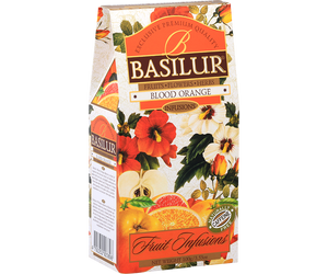 Basilur Blood Orange - owocowa herbata bezkofeinowa z jabłkiem, hibiskusem, owocami dzikiej róży, skórką pomarańczy, nagietkiem, kwiatem pomarańczy oraz aromatem pomarańczy i śmietanki. Ozdobne opakowanie z kwiatowo-owocowym motywem.