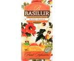 Basilur Blood Orange - owocowa herbata bezkofeinowa z jabłkiem, hibiskusem, owocami dzikiej róży, skórką pomarańczy, nagietkiem, kwiatem pomarańczy oraz aromatem pomarańczy i śmietanki. Ozdobne opakowanie z kwiatowo-owocowym motywem.