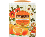 Basilur Blood Orange - Owocowa herbata bezkofeinowa z dodatkiem jabłka, hibiskusa, dzikiej róży, skórki pomarańczy, kwiatu pomarańczy, nagietka oraz aromatu pina colada, pomarańczy i śmietanki w puszce. Ozdobna puszka z owocowym motywem.
