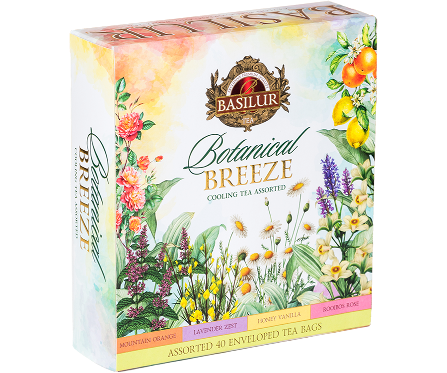 Basilur Botanical Breeze Assorted – zestaw 4 smaków herbat (czarnej, zielonej, białej) z kolekcji Botanical Breeze. Ozdobna herbaciarka z kwiatowym motywem.