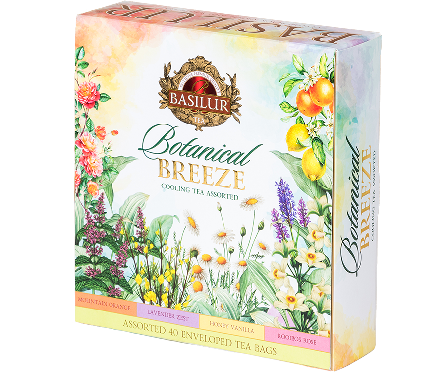 Basilur Botanical Breeze Assorted – zestaw 4 smaków herbat (czarnej, zielonej, białej) z kolekcji Botanical Breeze. Ozdobna herbaciarka z kwiatowym motywem.