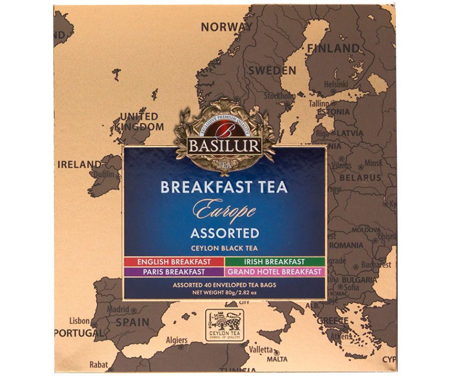 Basilur Breakfast Tea Europe - zestaw czarnych herbat śniadaniowych w 4 odsłonach. Tekturowa herbaciarka z grafiką mapy.