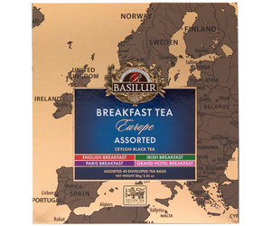 Basilur Breakfast Tea Europe - zestaw czarnych herbat śniadaniowych w 4 odsłonach. Tekturowa herbaciarka z grafiką mapy.