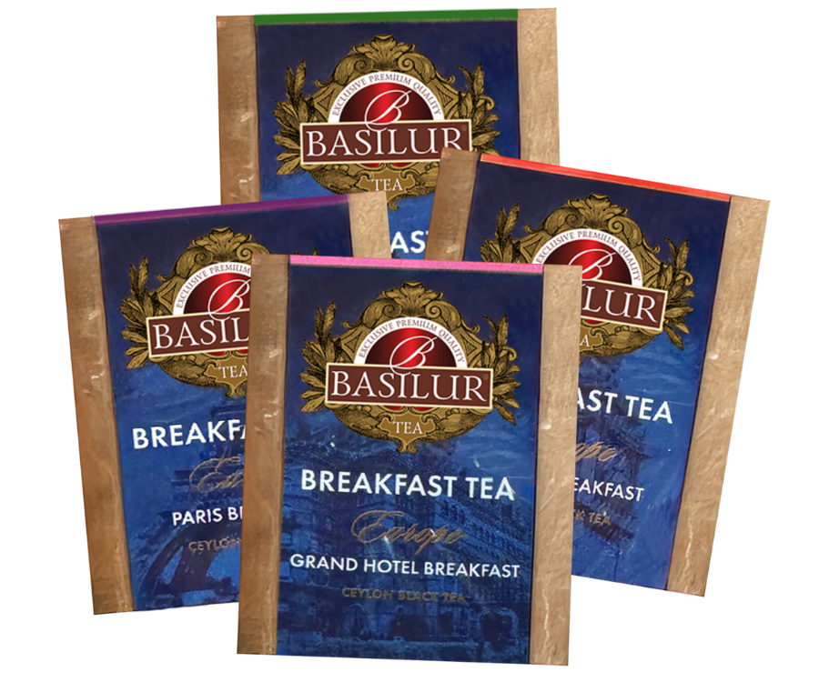 Basilur Breakfast Tea Europe - zestaw czarnych herbat śniadaniowych w 4 odsłonach. Tekturowa herbaciarka z grafiką mapy.