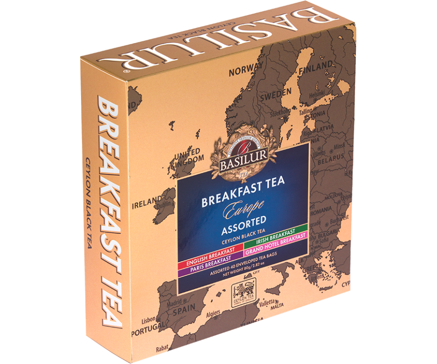 Basilur Breakfast Tea Europe - zestaw czarnych herbat śniadaniowych w 4 odsłonach. Tekturowa herbaciarka z grafiką mapy.