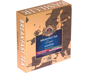 Basilur Breakfast Tea Europe - zestaw czarnych herbat śniadaniowych w 4 odsłonach. Tekturowa herbaciarka z grafiką mapy.