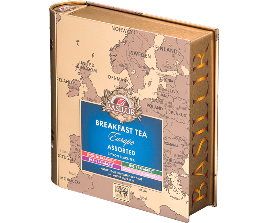 Basilur Breakfast Tea Europe - zestaw czarnych herbat śniadaniowych w 4 odsłonach. Metalowa puszka otwierana jak książka.