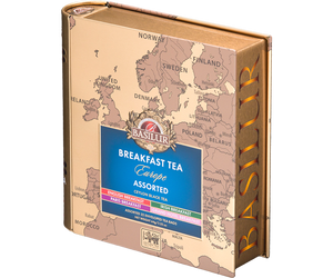 Basilur Breakfast Tea Europe - zestaw czarnych herbat śniadaniowych w 4 odsłonach. Metalowa puszka otwierana jak książka.