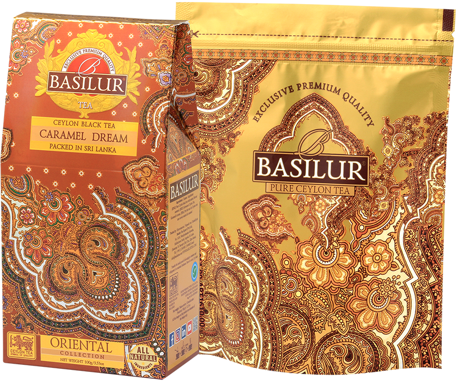 Basilur Caramel Dream - liściasta czarna herbata cejlońska z dodatkiem naturalnego aromatu karmelu. Pomarańczowe, ozdobne pudełko z orientalnym motywem.