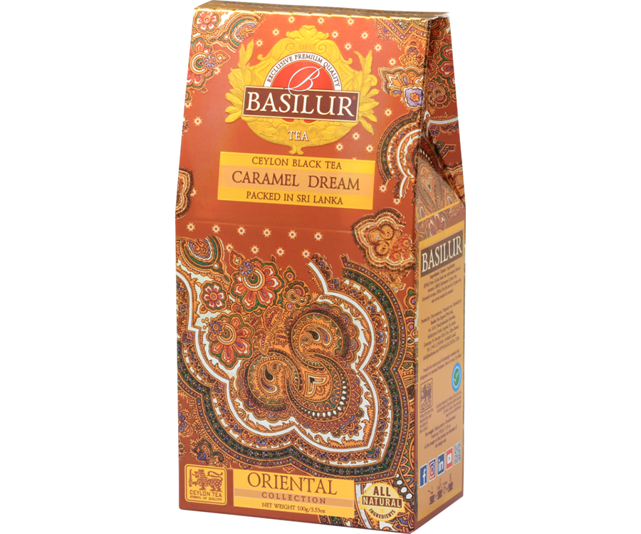 Basilur Caramel Dream - liściasta czarna herbata cejlońska z dodatkiem naturalnego aromatu karmelu. Pomarańczowe, ozdobne pudełko z orientalnym motywem.
