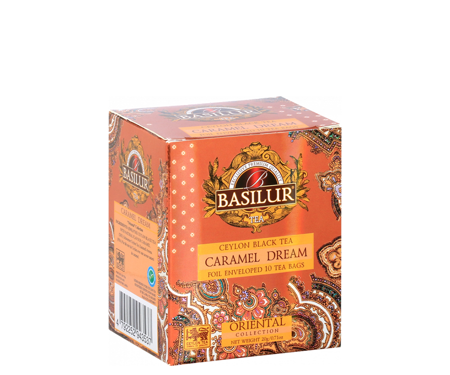 Basilur Caramel Dream - czarna herbata cejlońska z naturalnym aromatem karmelu w wygodnej torebce, Ozdobna, pomarańczowa koperta z orientalnym motywem. 