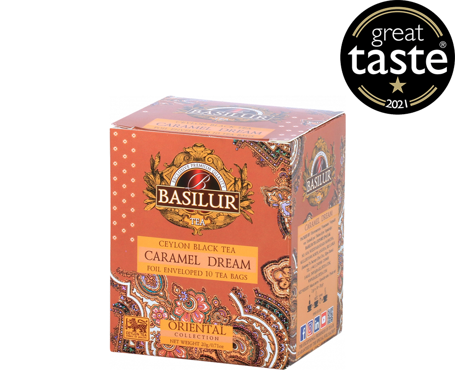 Basilur Caramel Dream - czarna herbata cejlońska z naturalnym aromatem karmelu w ekspresowych torebkach w kopertach. Ozdobne, pomarańczowe pudełko z orientalnym motywem.