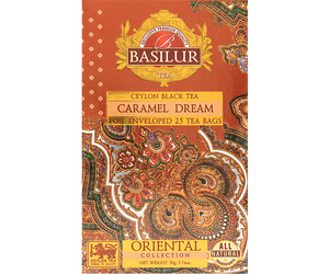 Basilur Caramel Dream - czarna herbata cejlońska z naturalnym aromatem karmelu w torebkach ekspresowych w kopertach. Pomarańczowe, ozdobne pudełko z orientalnym motywem.
