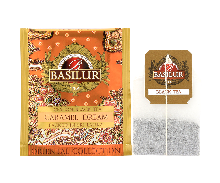 Basilur Caramel Dream - czarna herbata cejlońska z naturalnym aromatem karmelu w torebce. Ozdobna, pomarańczowa koperta z orientalnym motywem.
