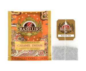 Basilur Caramel Dream - czarna herbata cejlońska z naturalnym aromatem karmelu w torebce. Ozdobna, pomarańczowa koperta z orientalnym motywem.