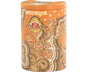 Basilur Caramel Dream - liściasta czarna herbata cejlońska z dodatkiem naturalnego aromatu karmelu. Pomarańczowa, ozdobna puszka z orientalnym motywem.