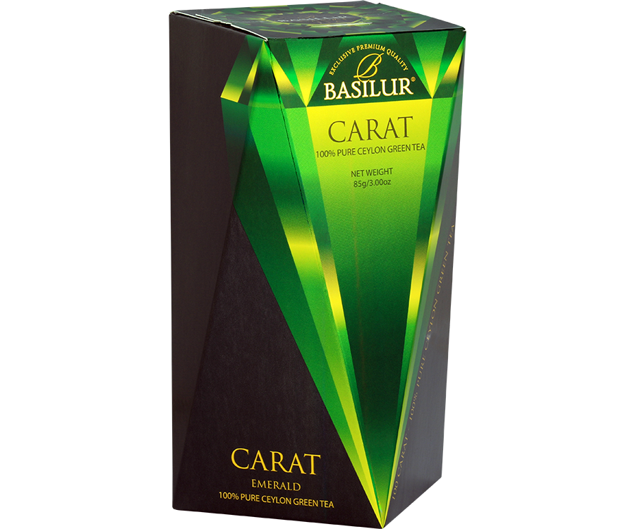 Basilur Emerald - zielona herbata cejlońska bez dodatków. Zielone pudełko z motywem kamieni szlachetnych.
